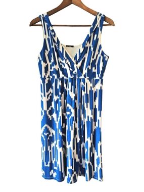 Ann Taylor Blue & White Printed V-Neck Midi Dress
